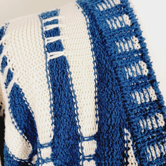 Lafayette 148 New York Cotton & Silk Cardigan, Blue & White Geometric, Size MED - Picture 9 of 14